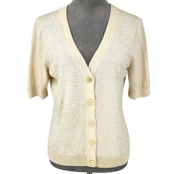 Talbots Sweater Petites MP PM Ivory Cardigan Sequins Buttons V neck Neutral - Picture 1 of 12